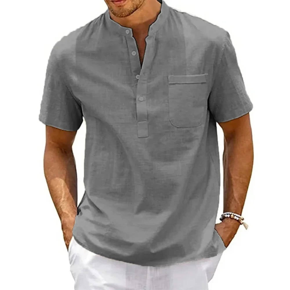 Beige Men's Linen Henley Shirt Short Sleeves Lightweight Relaxed Fit Casual Summer Top With Chest Pocket
