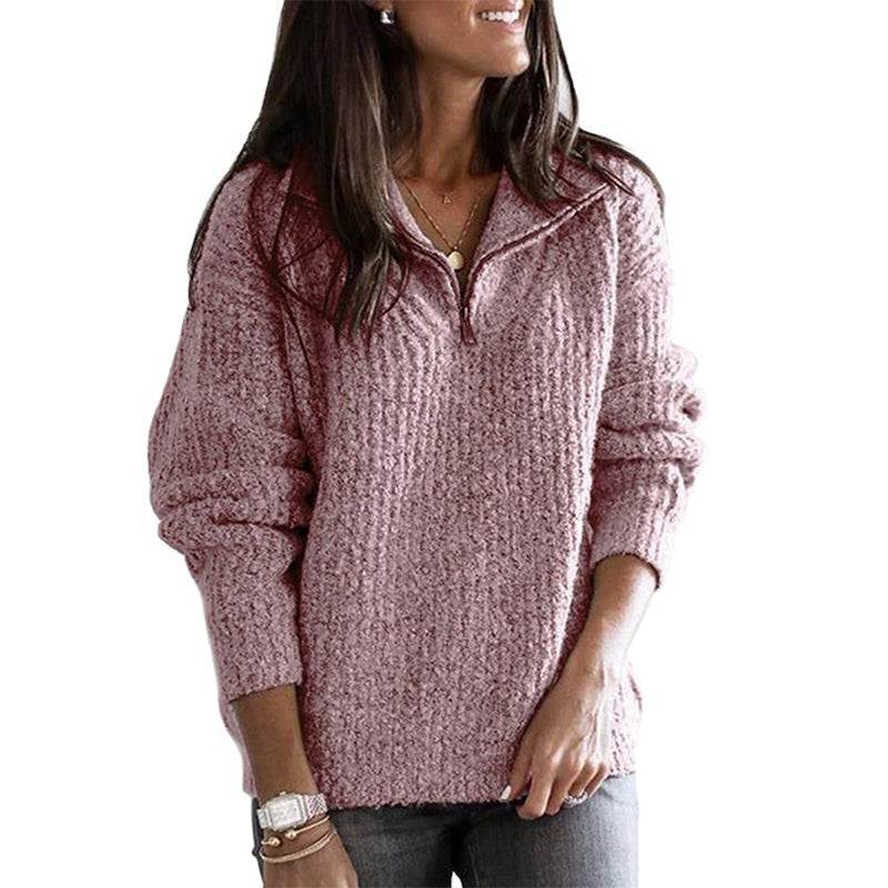 Street-Wave Women's Textured Knit Half Zip Pullover With Stand Collar For Cozy Warmth And Layering