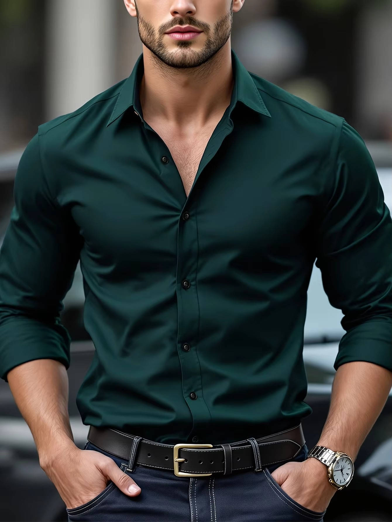 Street-Wave Mens Burgundy Long Sleeve Shirt Slim Fit Stretch Cotton Dress Shirt For Work And Occasions