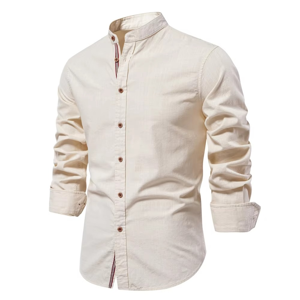 Street-Wave Men's Casual Cotton Long Sleeve Shirt With Stand Collar And Striped Placket