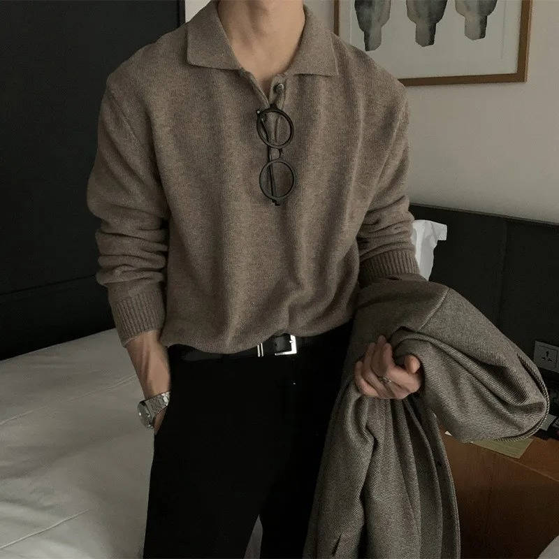 Street-Wave Mens Korean Style Long Sleeve Knit Polo Collar Sweater Black Versatile Everyday Casual Wear