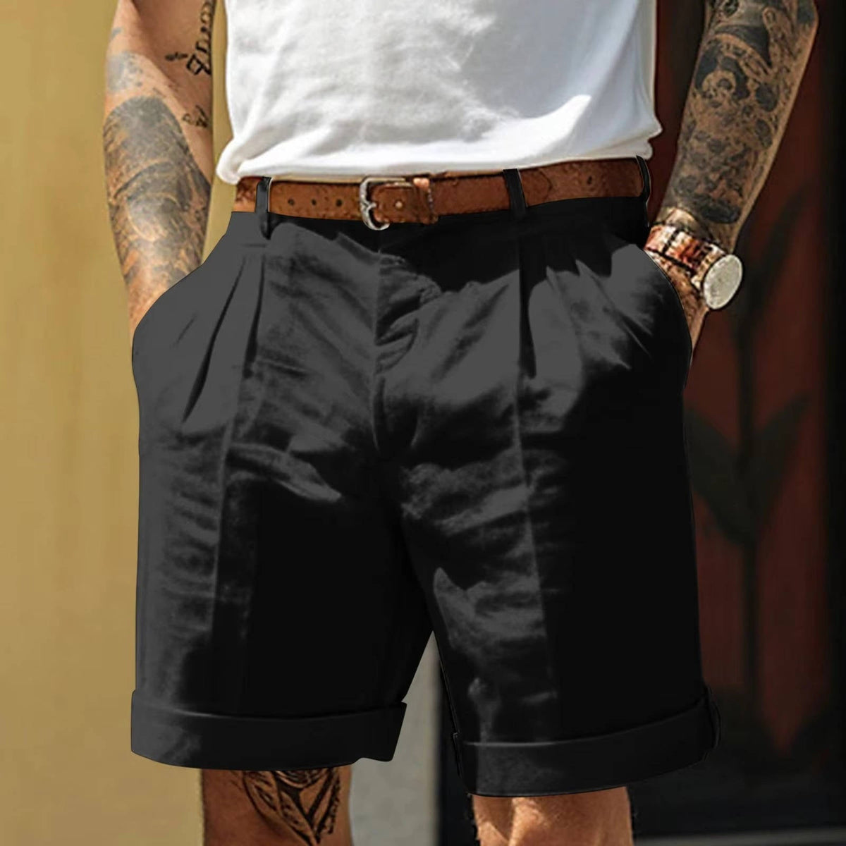 Mens Classic White Pleated Cotton Linen Blend Shorts With Cuffed Hem For Everyday Comfort