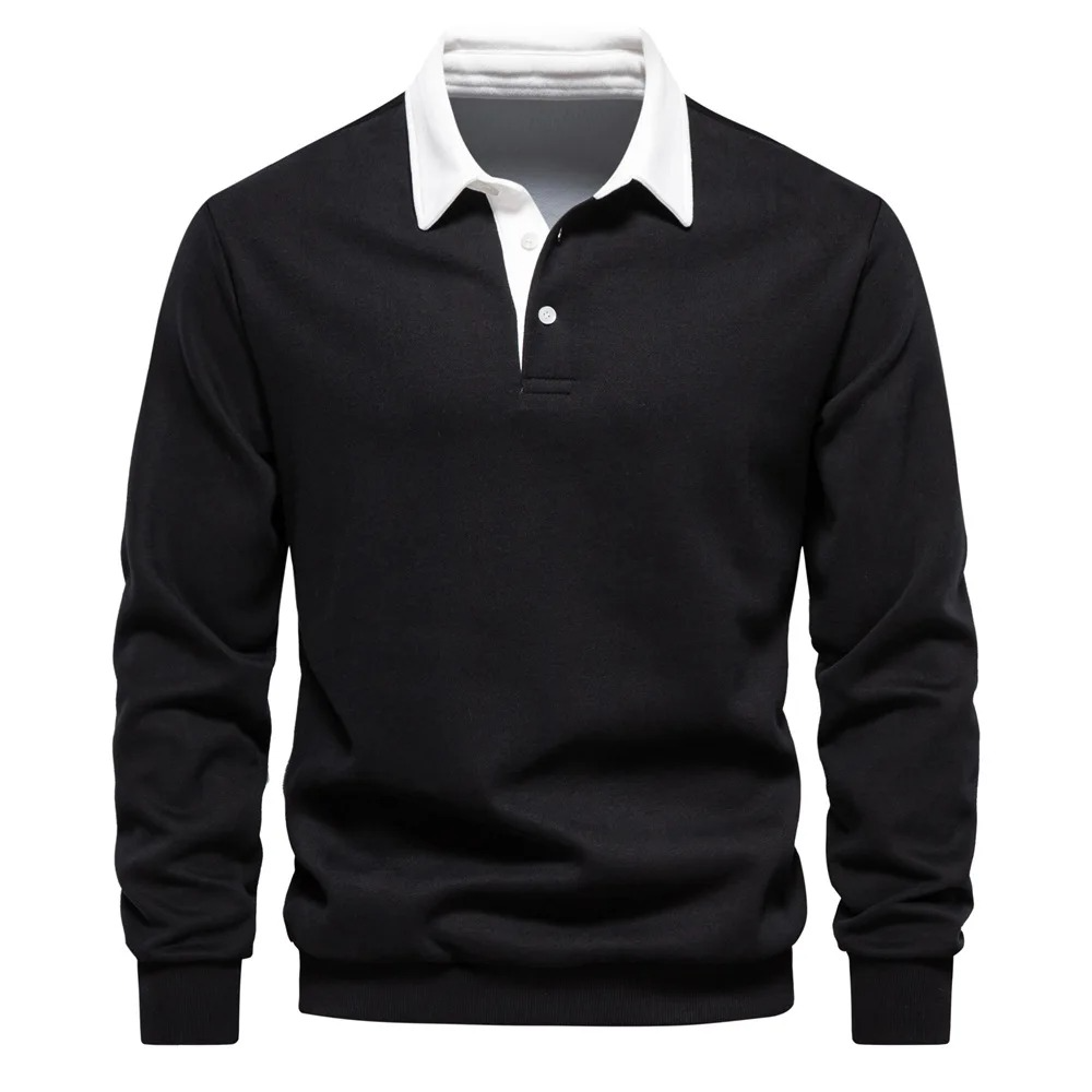 Mens Long Sleeve Polo Shirt Cotton Blend Comfort Fit Casual Everyday Wear Navy White Collar