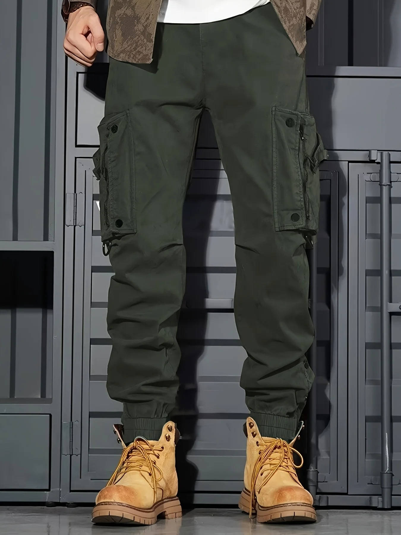 Street-Wave Mens Cargo Jogger Pants With Multiple Pockets Durable Khaki Tactical Style For Outdoor Wear