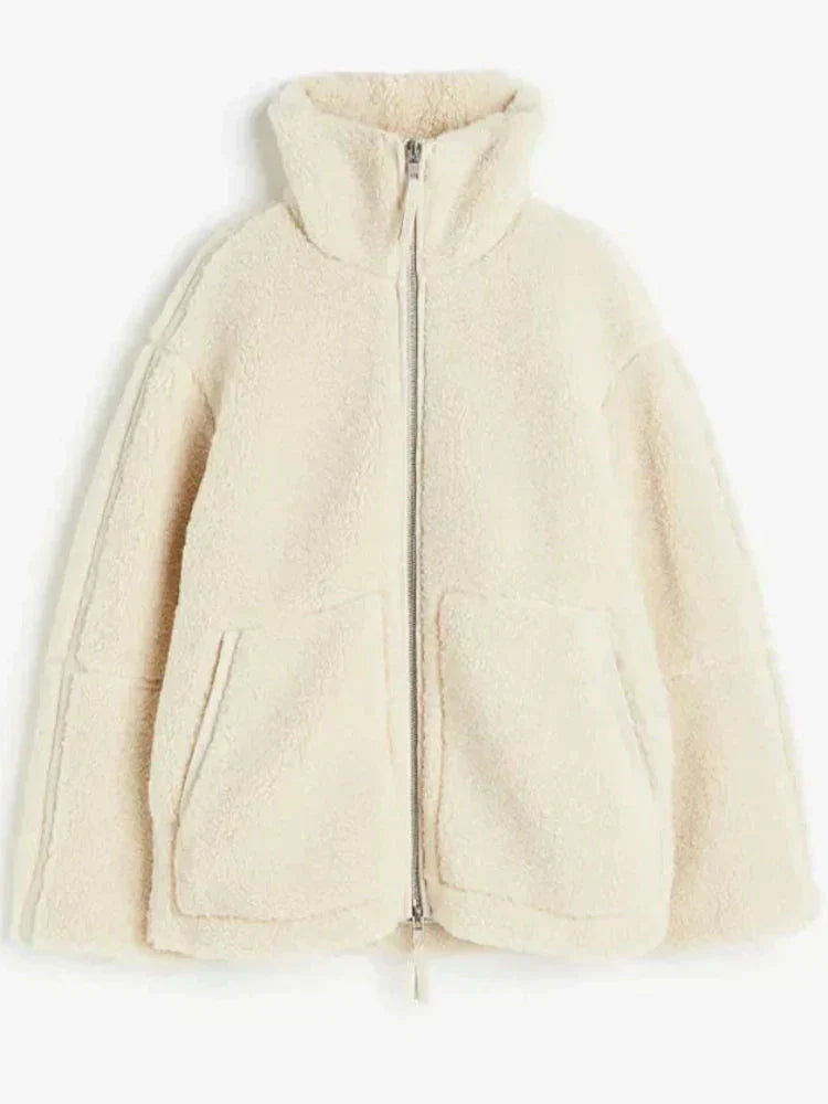 Street-Wave Lambswool Jacket For Women - Fluffy Cozy Warmth, High Collar, Zip Closure