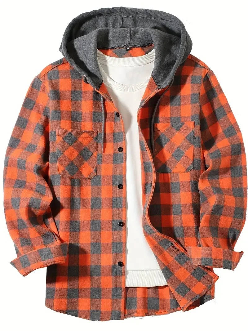 Street-Wave Men's Hooded Flannel Shirt Red And Black Buffalo Plaid With Cozy Fleece Lined Hood