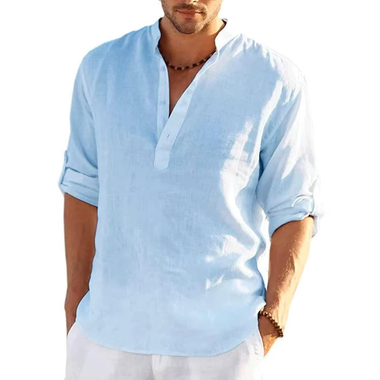 Men's Linen Henley Shirt With Rolled Sleeves Breathable Lightweight Casual Summer Style By Street-Wave