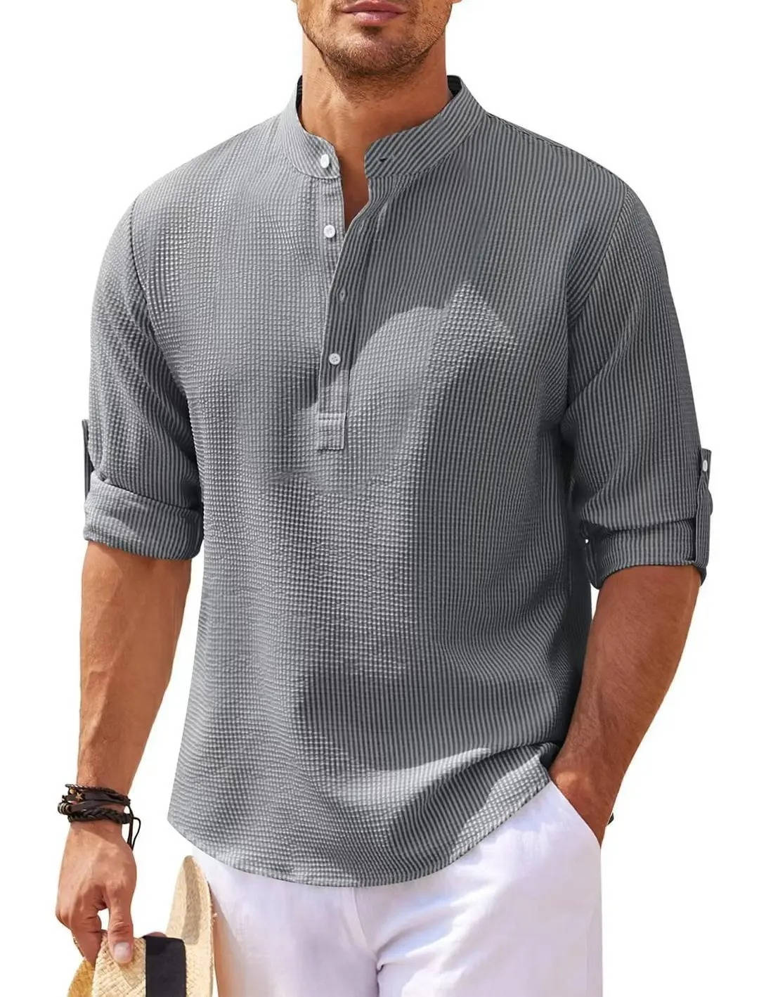 Mens Textured Waffle Knit Beige Henley Shirt With Rolled Sleeves For Everyday Casual Comfort