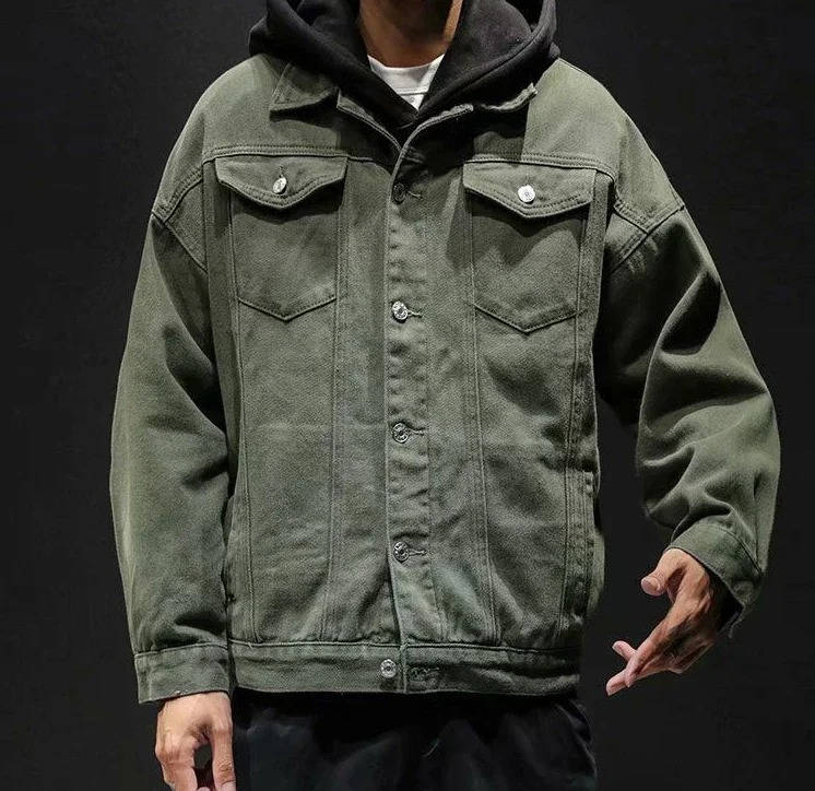 Mens Olive Green Denim Jean Jacket With Front Button Closure And Classic Chest Pockets