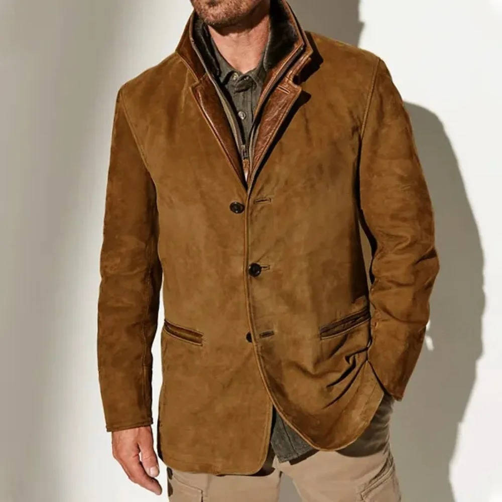 Men's Suede Blazer Jacket by Street-Wave Olive Brown Suede with Leather Trim Dressy Casual Coat