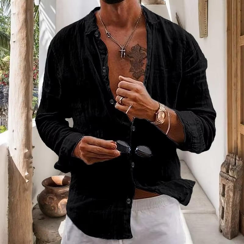 Street-Wave Mens Linen Long Sleeve Shirt Breathable Lightweight Casual Daily Wear Top Natural Beige