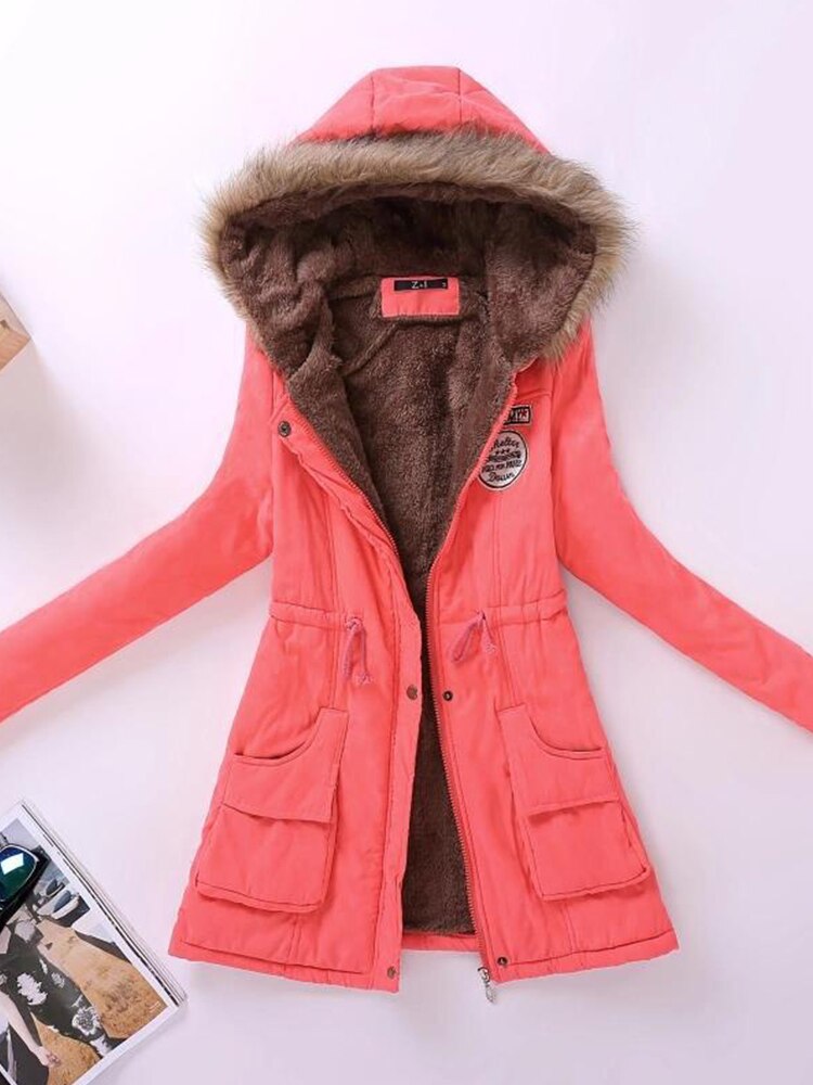 Street-wave Women Parka Jacket With Warm Lining Fur Trim Hood Zipper And Buttons Adjustable Waist