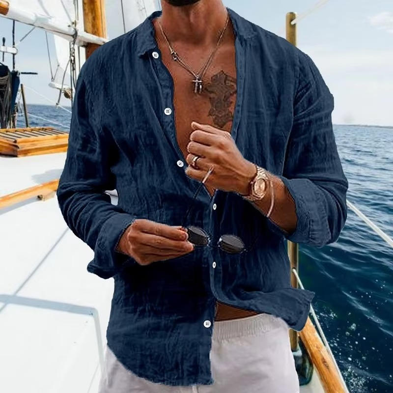 Street-Wave Mens Linen Long Sleeve Shirt Breathable Lightweight Casual Daily Wear Top Natural Beige
