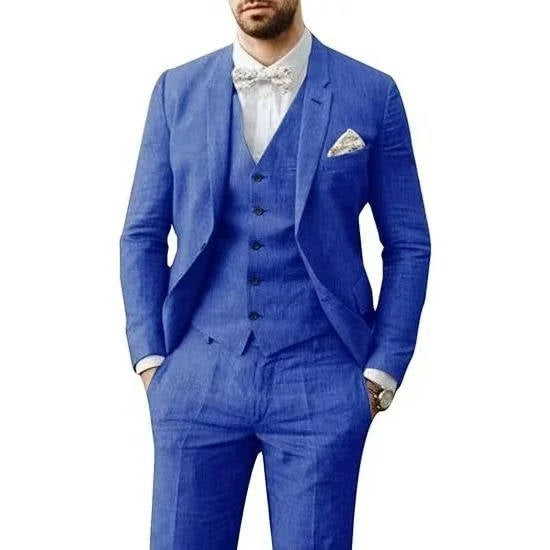 Men's Casual Linen Suit With Vest In Light Blue For Summer Weddings By Street-Wave Brand