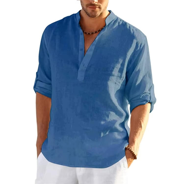 Men's Linen Henley Shirt With Rolled Sleeves Breathable Lightweight Casual Summer Style By Street-Wave