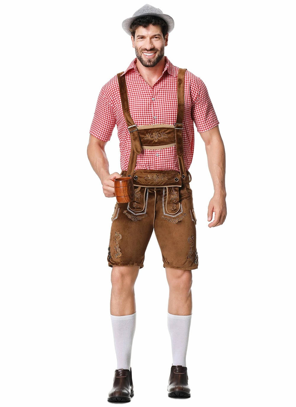 Street-Wave Lederhosen Short Men Full Set Bavarian Oktoberfest Costume With Embroidered Suspenders