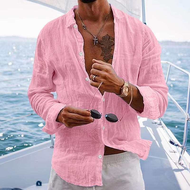 Street-Wave Mens Linen Long Sleeve Shirt Breathable Lightweight Casual Daily Wear Top Natural Beige