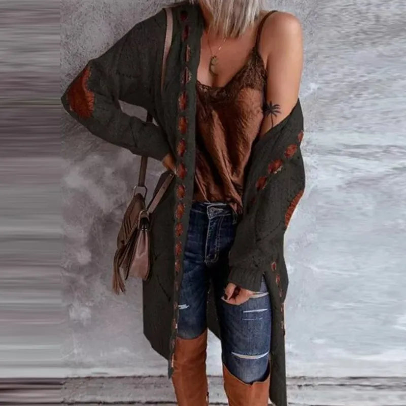 Street-wave Hooded Knit Cardigan For Women With Elegant Wine Harvest Style Cozy Sweater