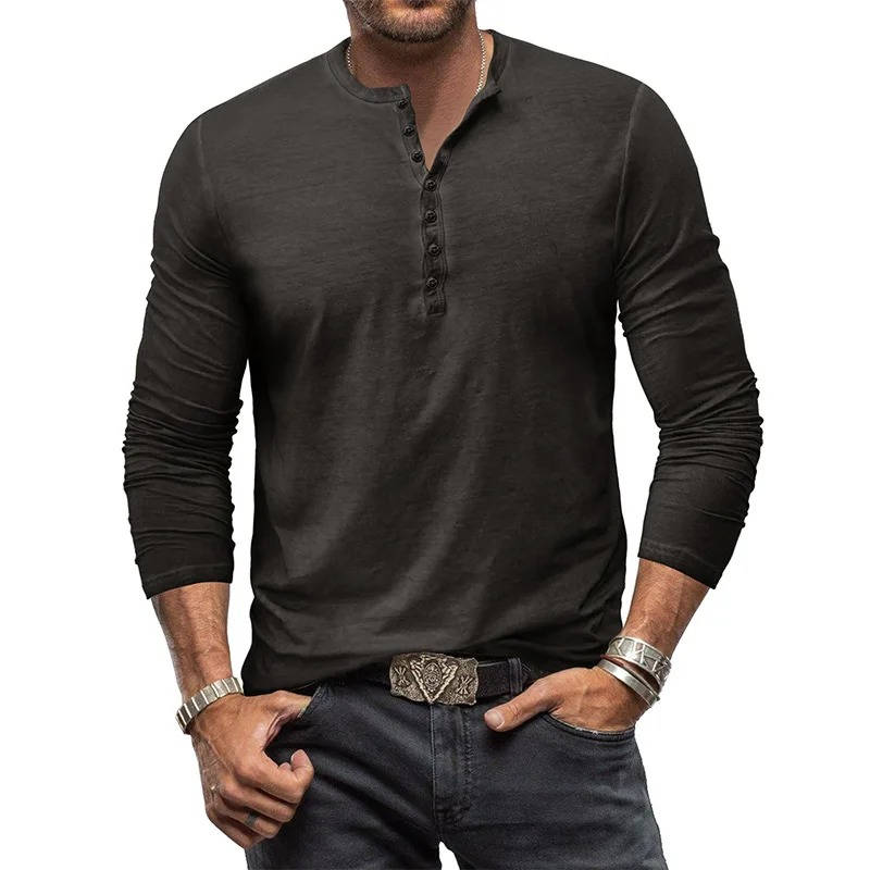 Street-Wave Mens Long Sleeve Henley Shirt Cotton Stretch Fit For Casual Everyday Wear