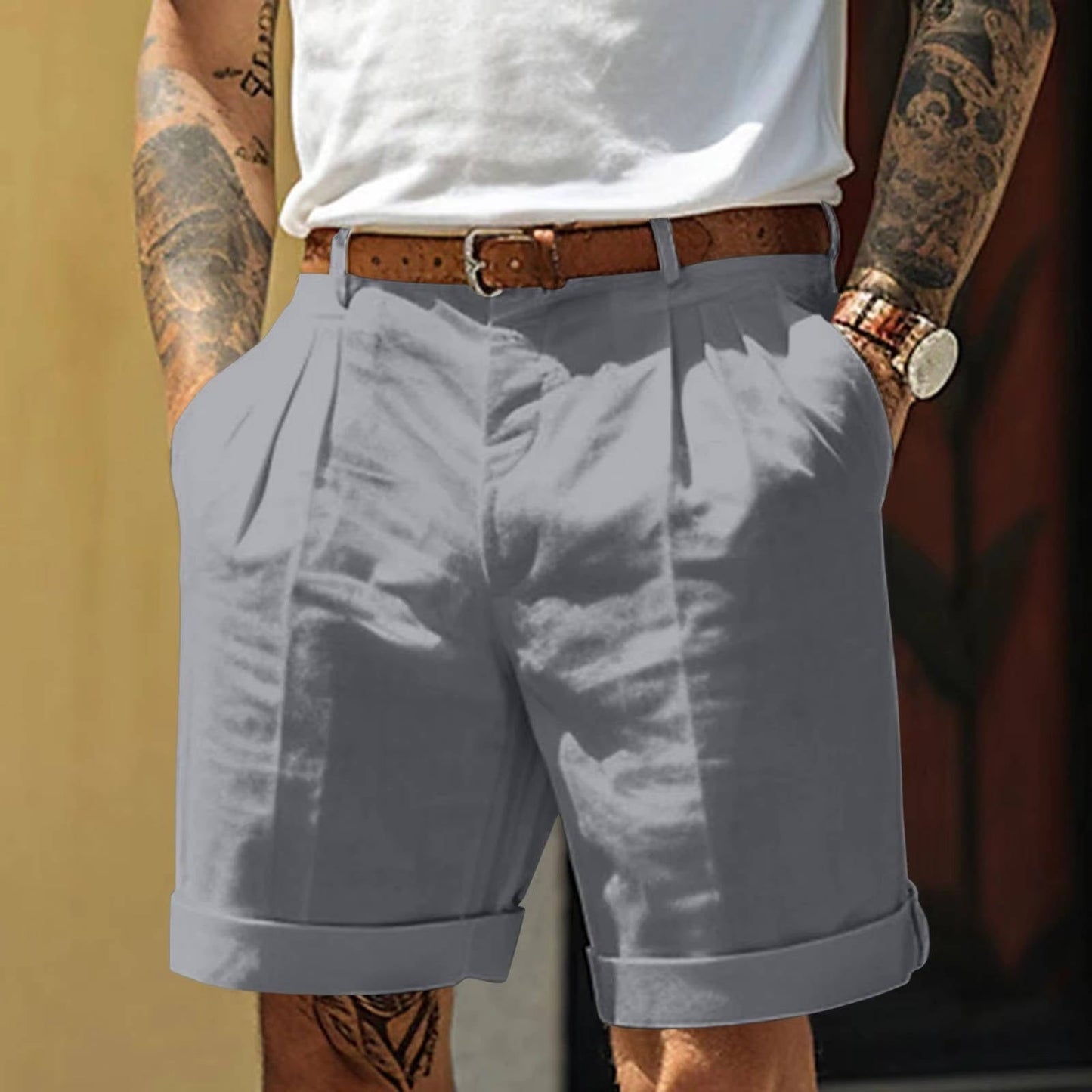 Mens Classic White Pleated Cotton Linen Blend Shorts With Cuffed Hem For Everyday Comfort
