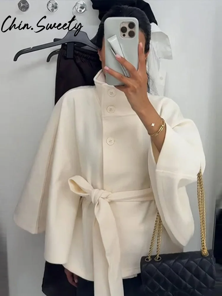Street-Wave Cape Coat Wool Blend Loose Fit High Collar Waist Belt For Stylish Women