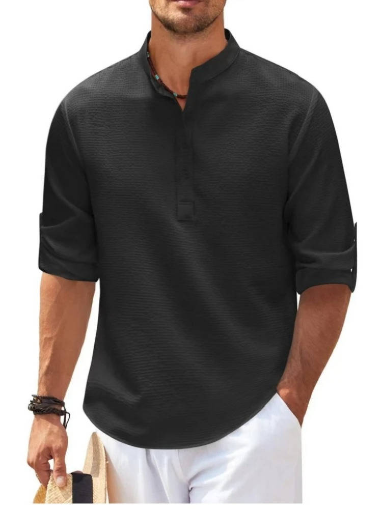Mens Textured Waffle Knit Beige Henley Shirt With Rolled Sleeves For Everyday Casual Comfort