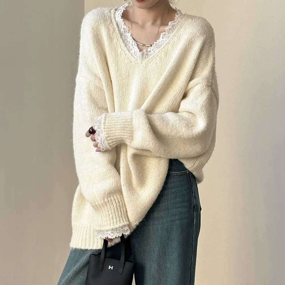 Street-Wave Womens V Neck Sweater Lace Neckline - Feminine Style For Everyday Comfort