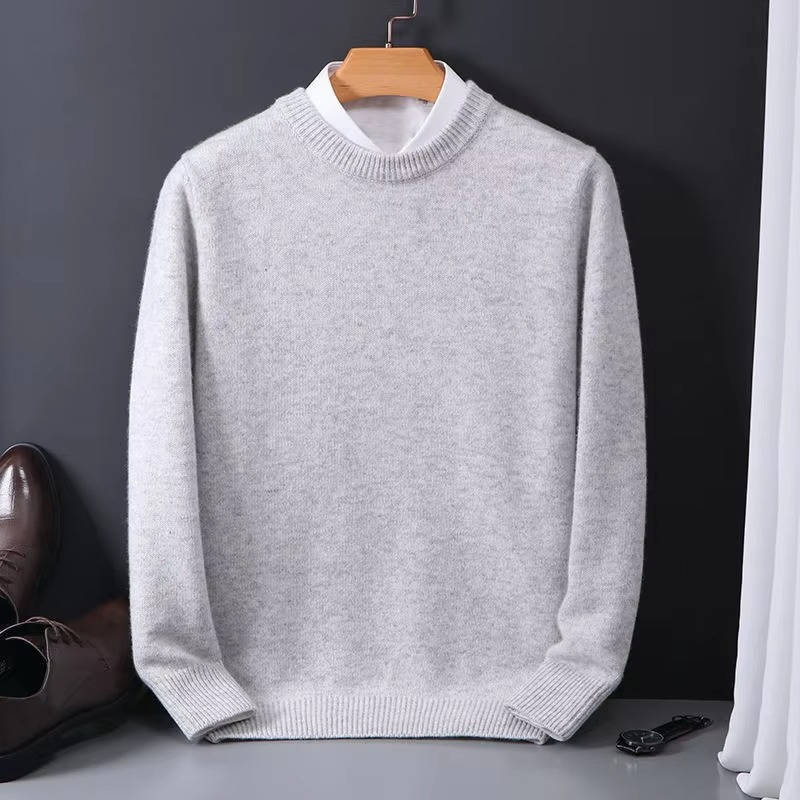 Mens Light Blue Crew Neck Sweater With Mock Collar Detail Cozy Knit Pullover For Everyday Wear