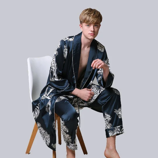 Streetwave Mens Satin Robe And Pajama Set Animal Print Luxury Loungewear For Men Premium Comfort
