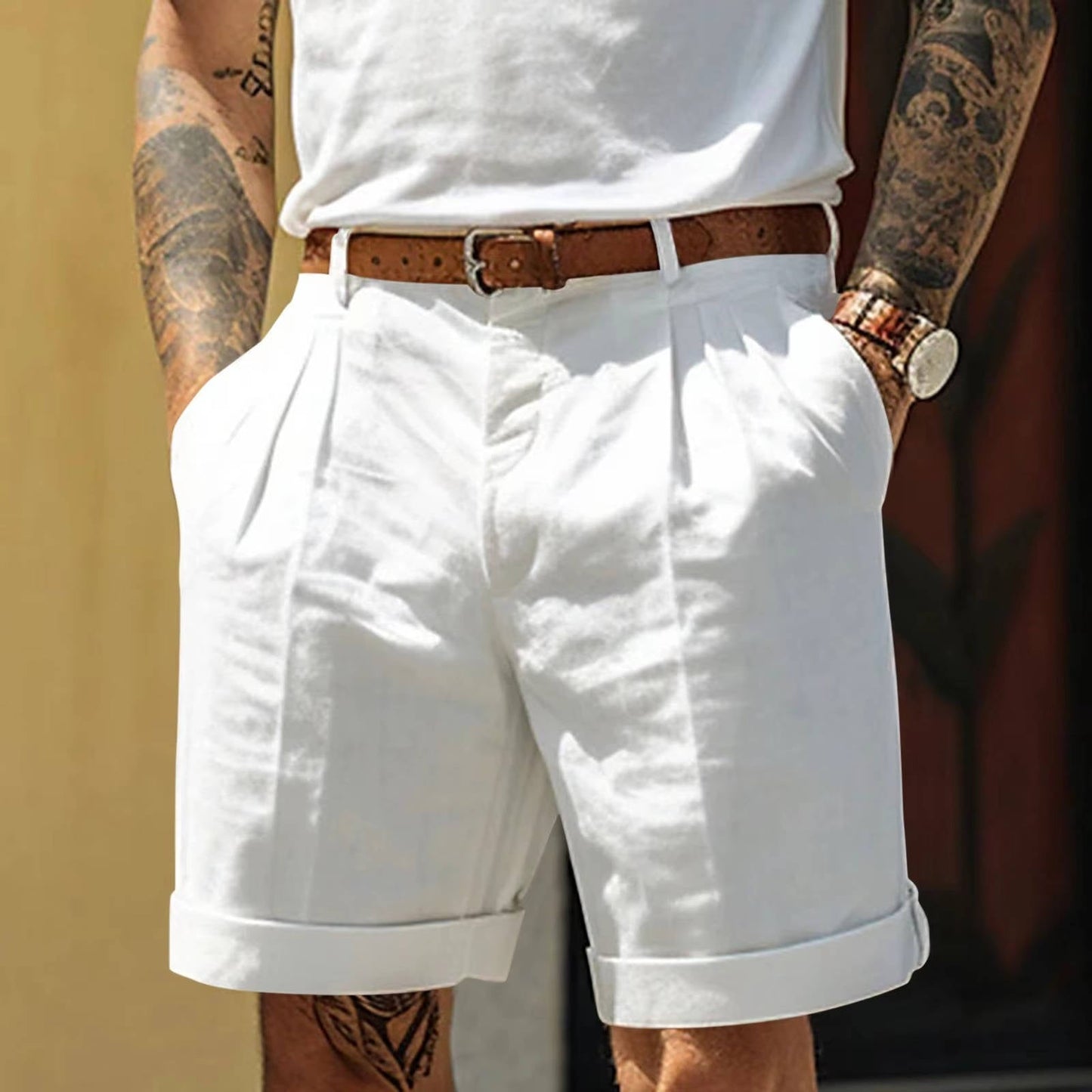 Mens Classic White Pleated Cotton Linen Blend Shorts With Cuffed Hem For Everyday Comfort