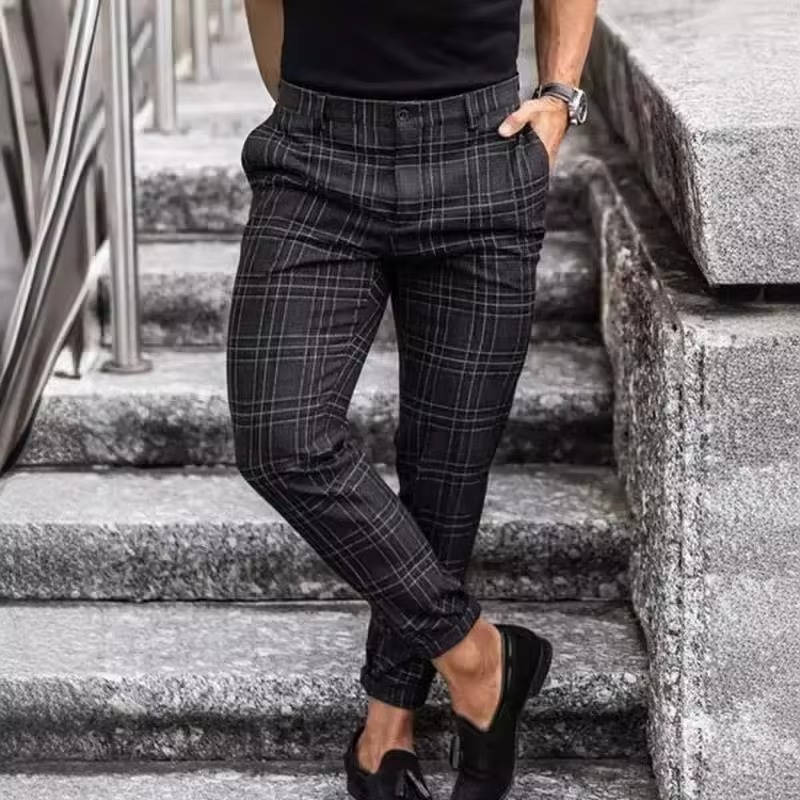Men's Casual Checkered Pants Slim Fit Trousers for Work Weekend and Everyday Wear with Comfortable Stretch