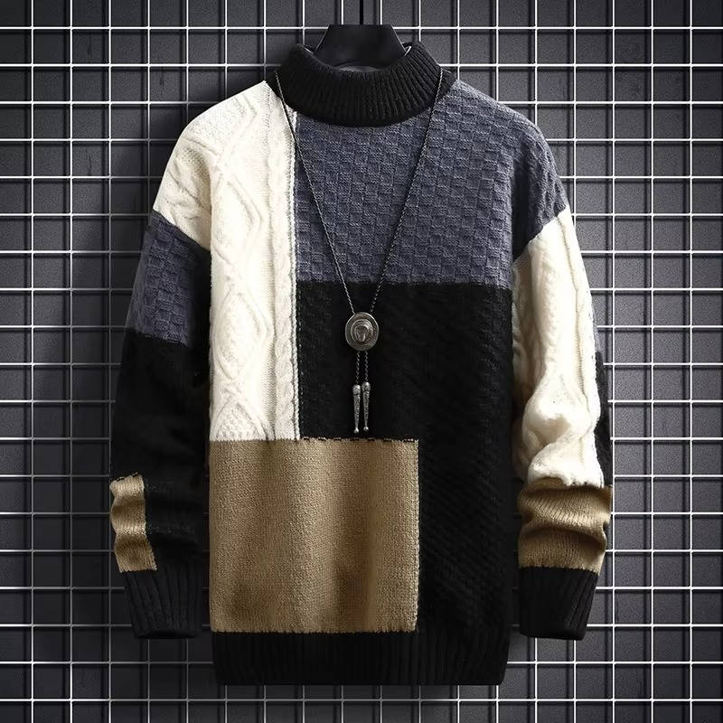 Mens Patchwork Knit Sweater With Colorblock Panels For Casual Warmth By Street-Wave