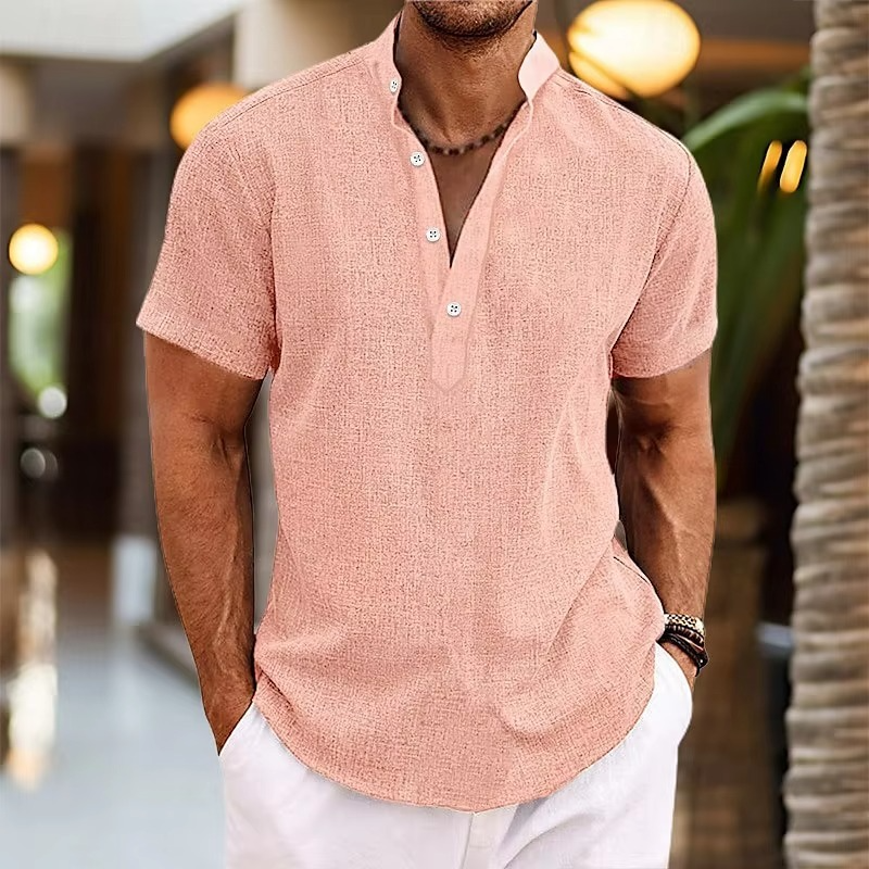 Men's Short Sleeve Linen Henley Shirt Casual Everyday Top With Button Placket Breathable Lightweight Fabric