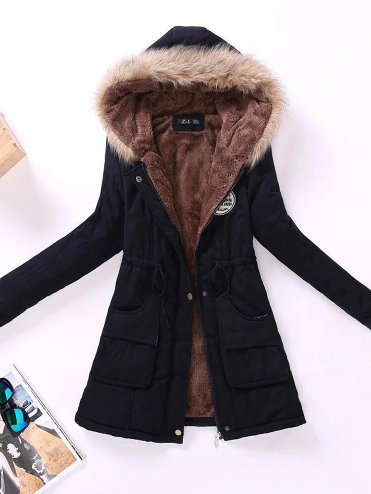 Street-wave Women Parka Jacket With Warm Lining Fur Trim Hood Zipper And Buttons Adjustable Waist