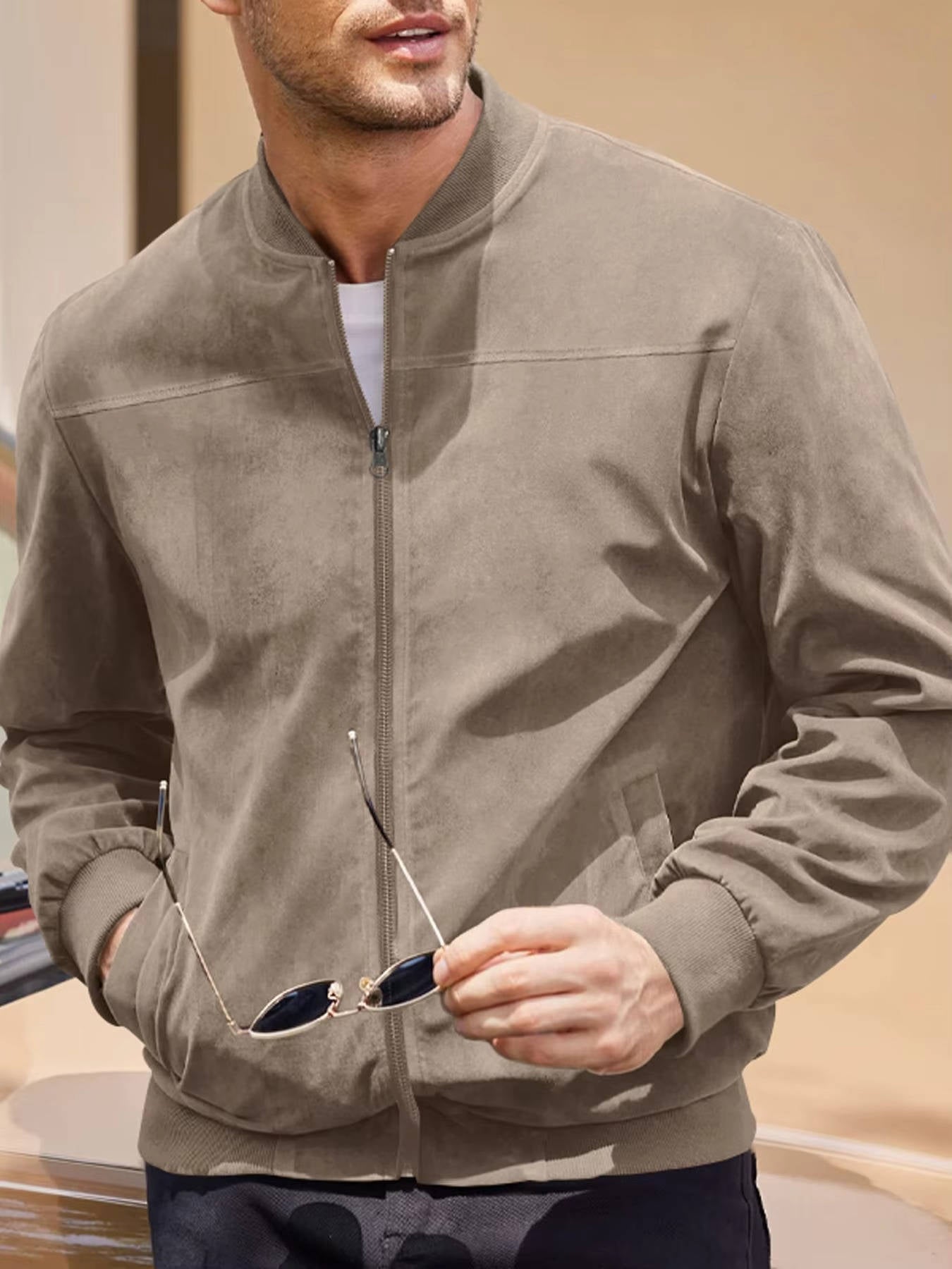 Mens Suede Bomber Jacket Windproof Warmth Without Bulk For Modern Style All Season Ready