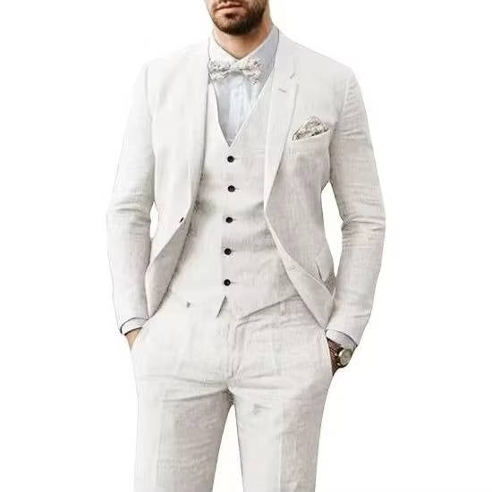 Men's Casual Linen Suit With Vest In Light Blue For Summer Weddings By Street-Wave Brand