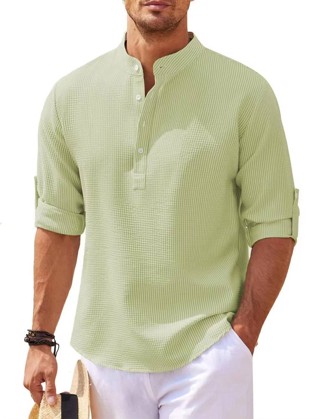 Mens Textured Waffle Knit Beige Henley Shirt With Rolled Sleeves For Everyday Casual Comfort