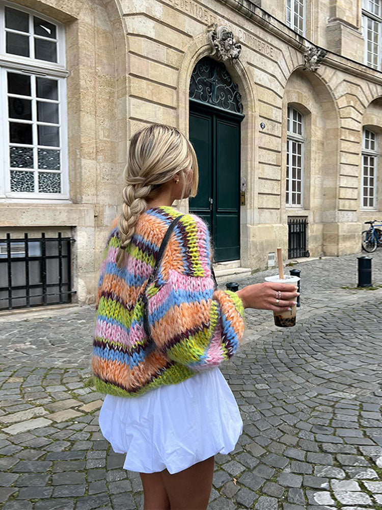 Street-Wave Patchwork Knit Cardigan For Women Colorful Cozy Warmth Must-Have Layer