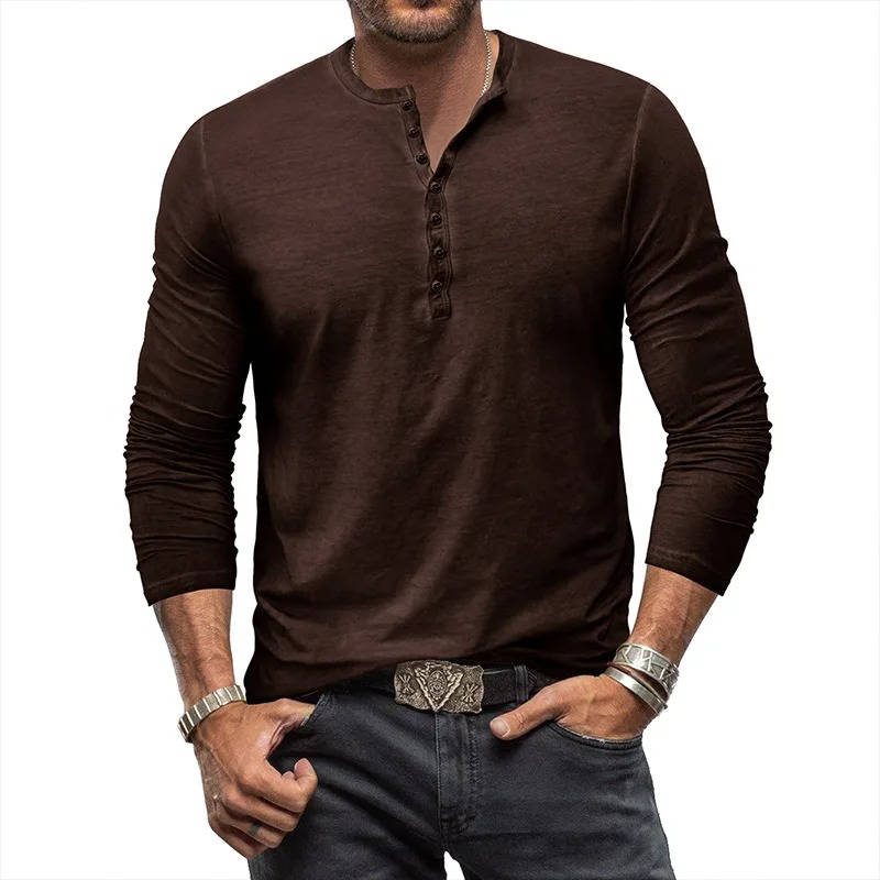 Street-Wave Mens Long Sleeve Henley Shirt Cotton Stretch Fit For Casual Everyday Wear
