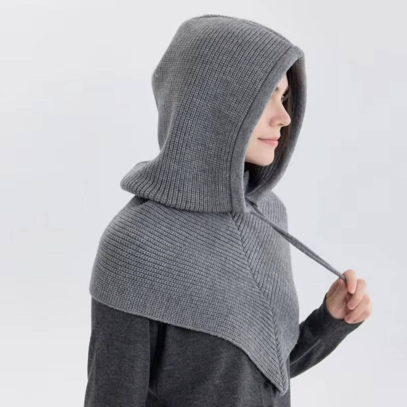 Beige Knit Hooded Hat Scarf for Winter Warmth With Cozy Neck Coverage and Drawstring Tie