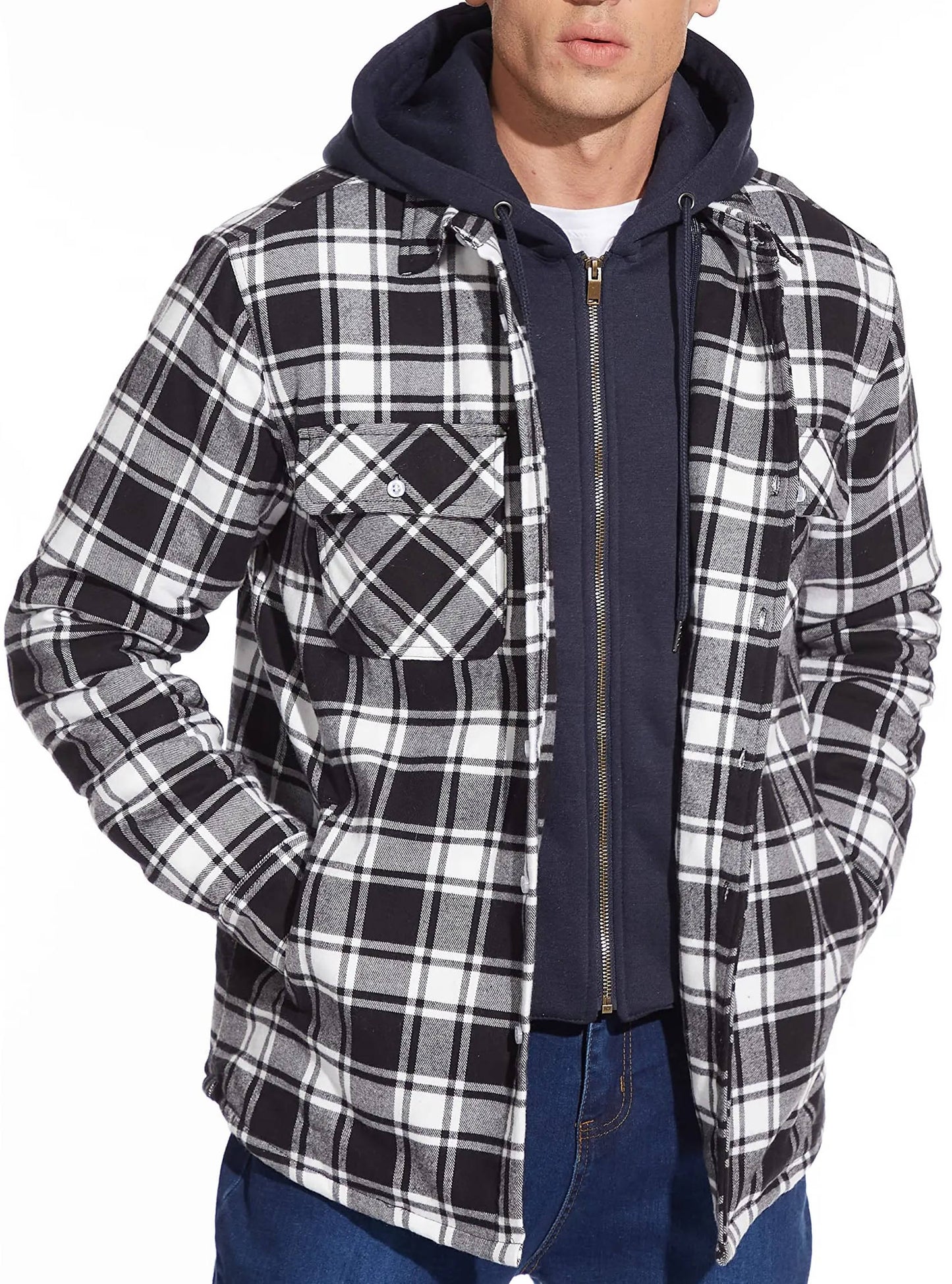 Street-Wave Mens Hooded Plaid Bomber Jacket With Zip Front And Warm Lining For Everyday Wear