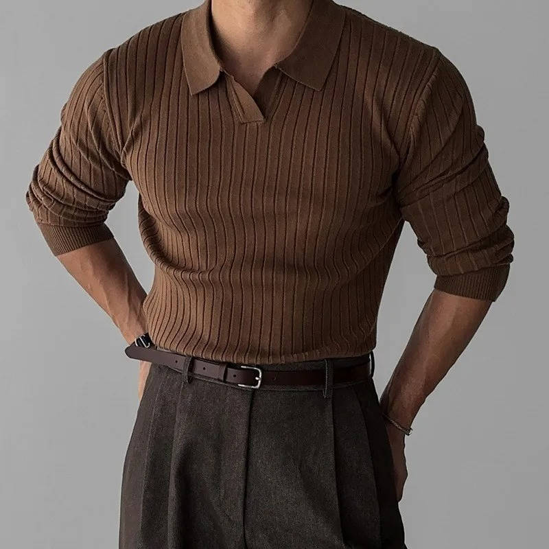 Street-Wave Mens Long Sleeve Knit Polo Sweater For Casual Wear Versatile Everyday Comfort Look