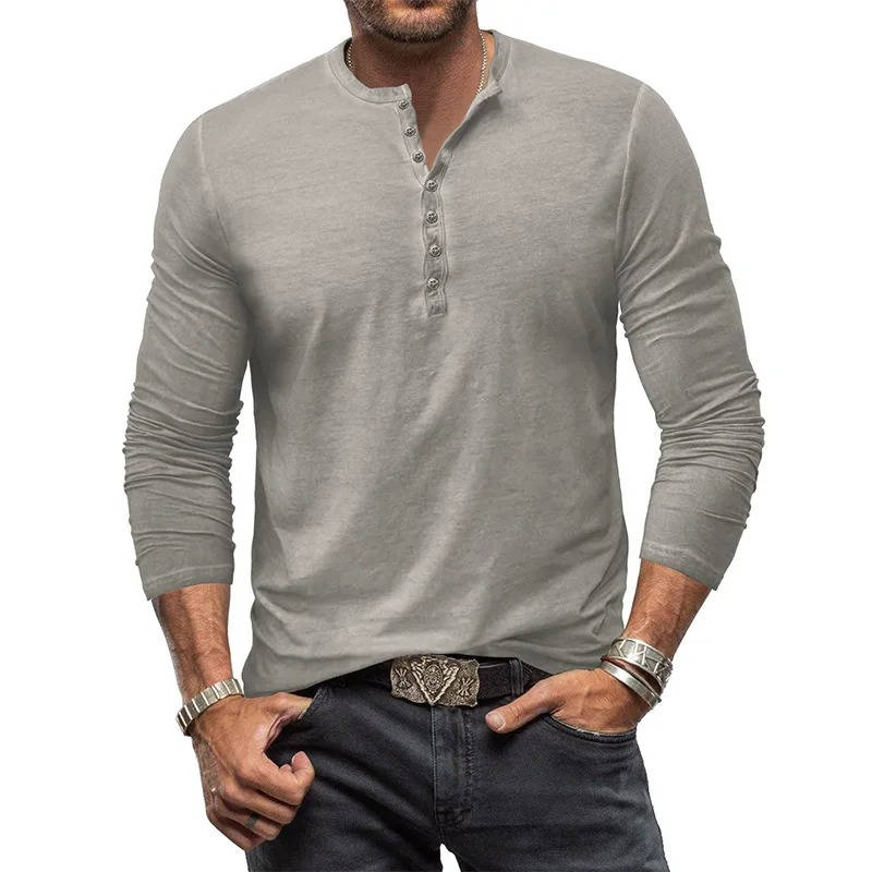 Street-Wave Mens Long Sleeve Henley Shirt Cotton Stretch Fit For Casual Everyday Wear