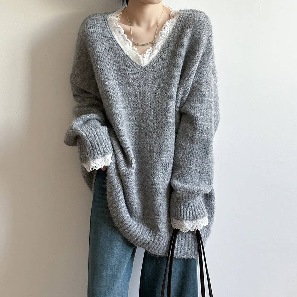 Street-Wave Womens V Neck Sweater Lace Neckline - Feminine Style For Everyday Comfort