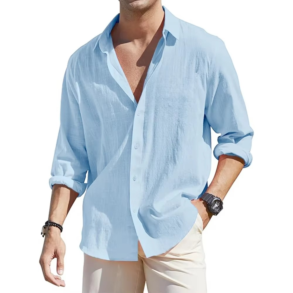 Mens Long Sleeve Linen Button Down Shirt For Cool Comfortable Everyday Style By Street-Wave