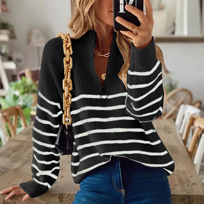 Streetwave Striped Knit Sweatshirt for Women With Half Zip Relaxed Fit Cozy Ribbed Texture