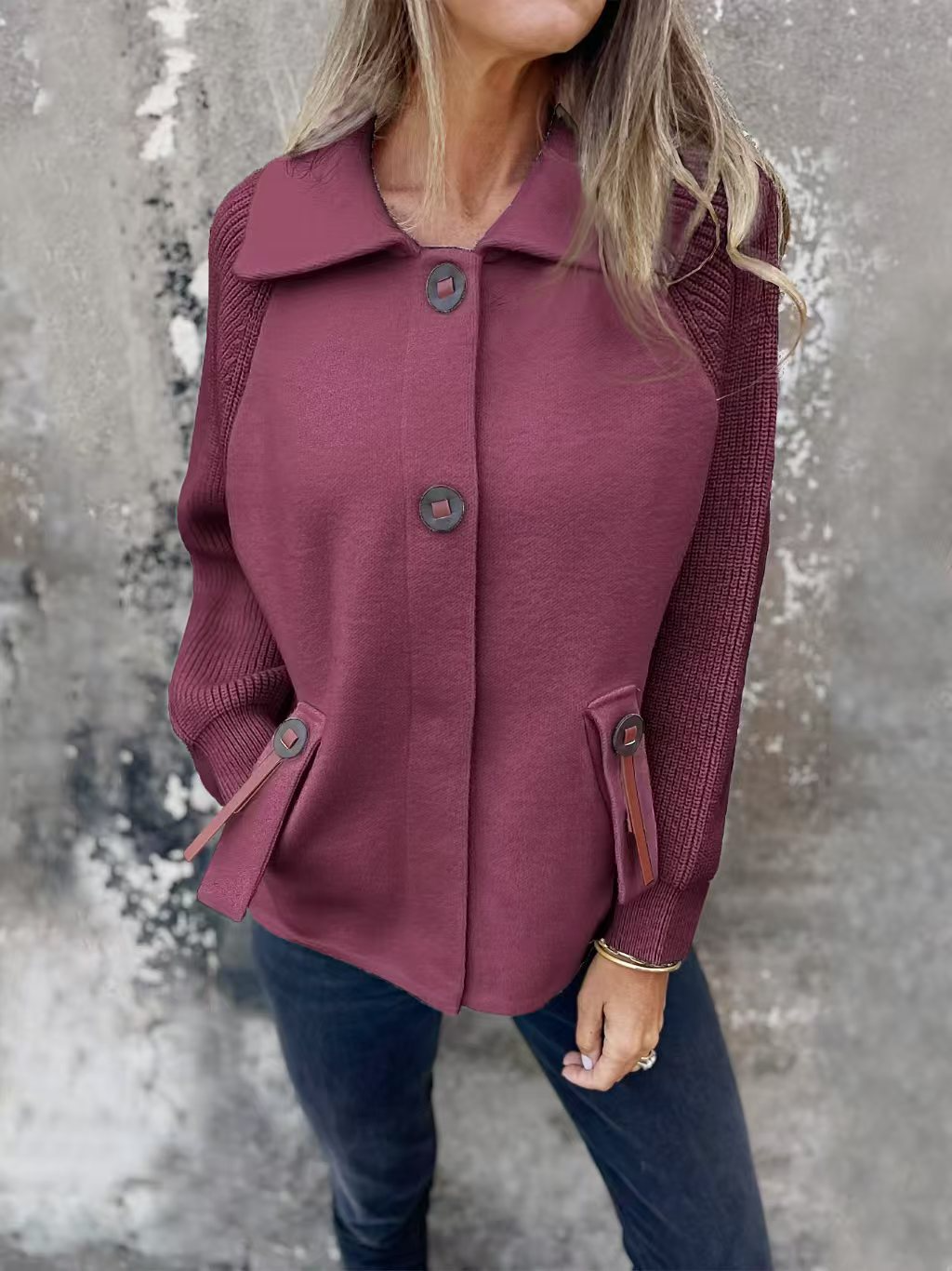 Street-wave Coat With Relaxed Fit Knit Sleeves Lapel Collar Button Closure Flap Pockets For Women