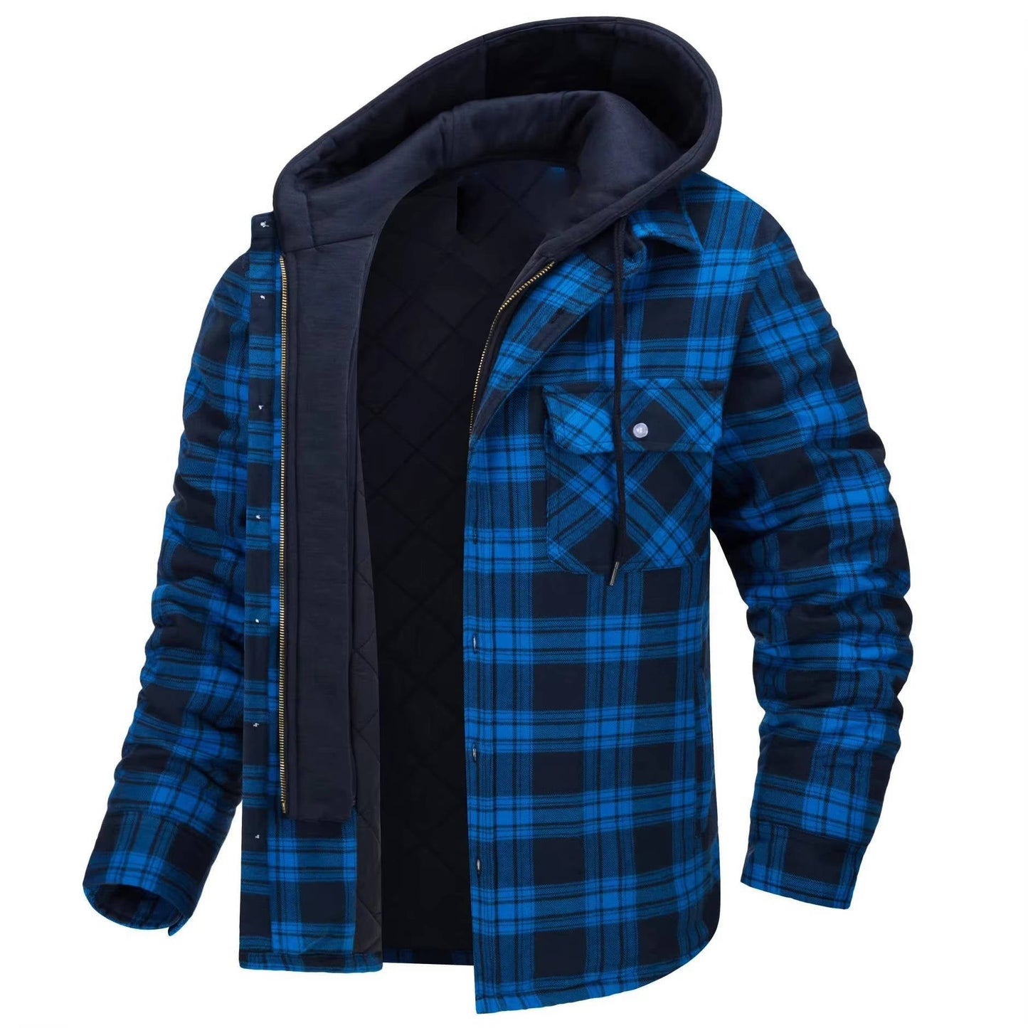 Street-Wave Mens Hooded Plaid Bomber Jacket With Zip Front And Warm Lining For Everyday Wear