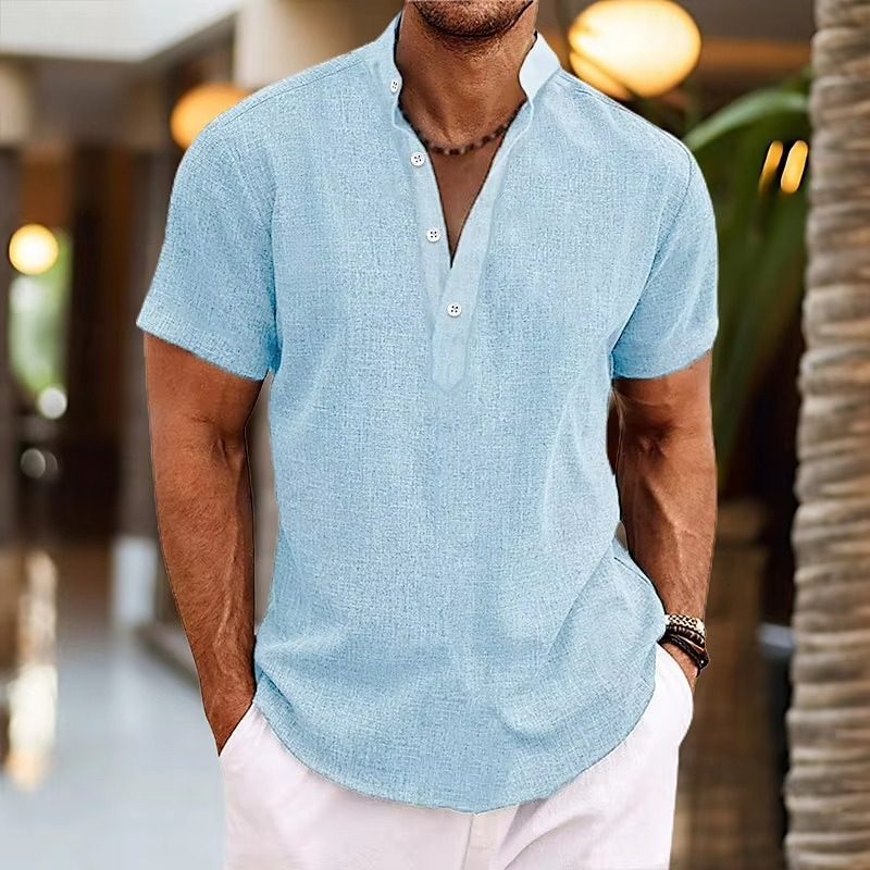 Men's Short Sleeve Linen Henley Shirt Casual Everyday Top With Button Placket Breathable Lightweight Fabric