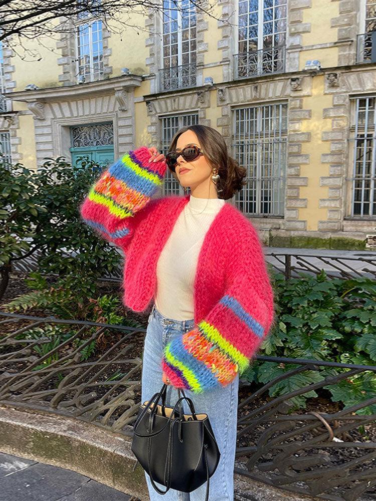 Street Wave Patchwork Cardigan For Women With Long Puff Sleeves Colorful Knit Cozy Fall Wardrobe Essential